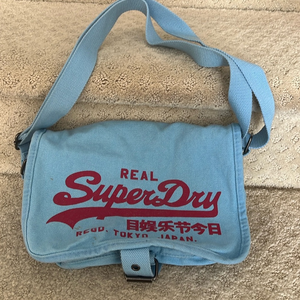 SuperDry Baby Blue small/mini messenger bag, Canvas, silver hardware, 9” x 11”